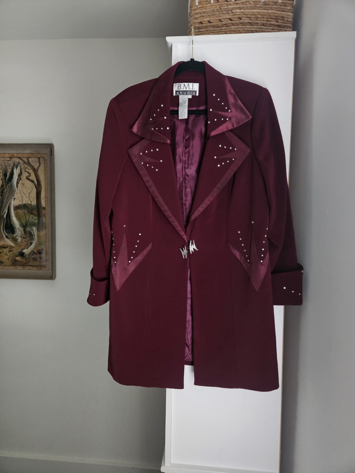 B.M.I. studio Burgundy Studded Western Blazer Jacket, Button Front, Lined, 14