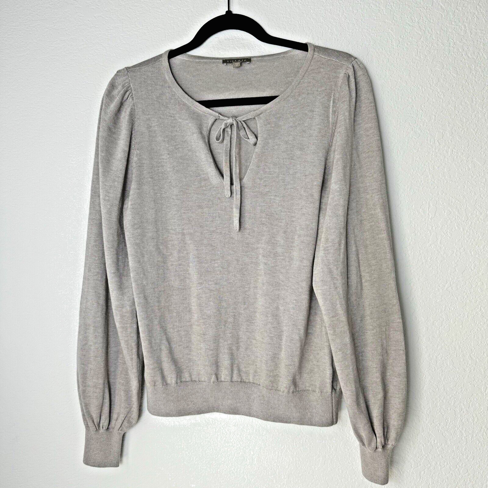 Lilla P Women’s Feminine Tie Front Long Puff Sleeve Gray Sweater in Size Medium