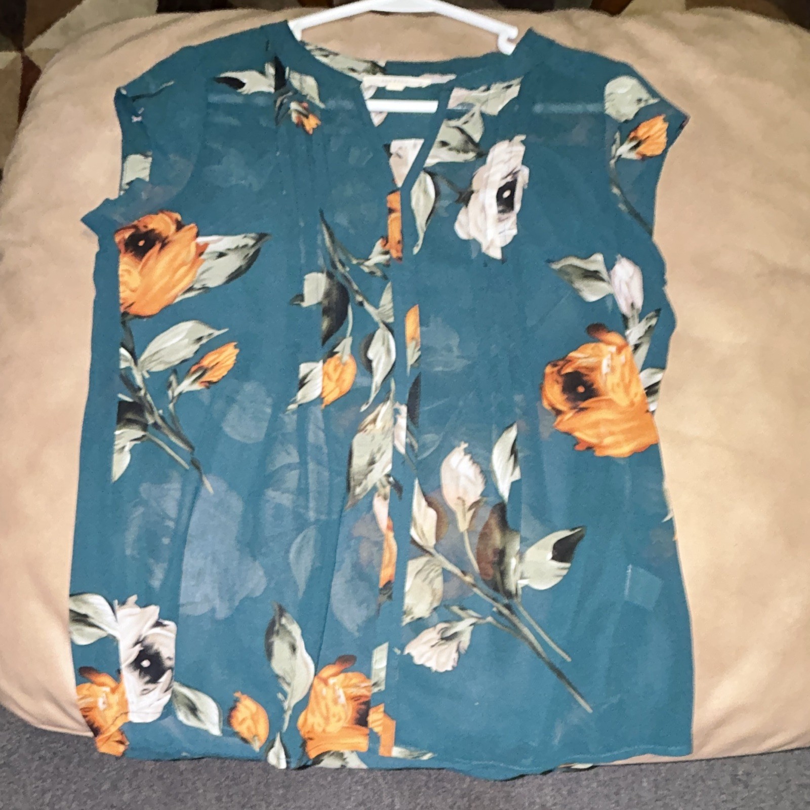 fun2fun Women’s Teal Floral V-Neck Sleeveless Pullover Blouse Top Size S