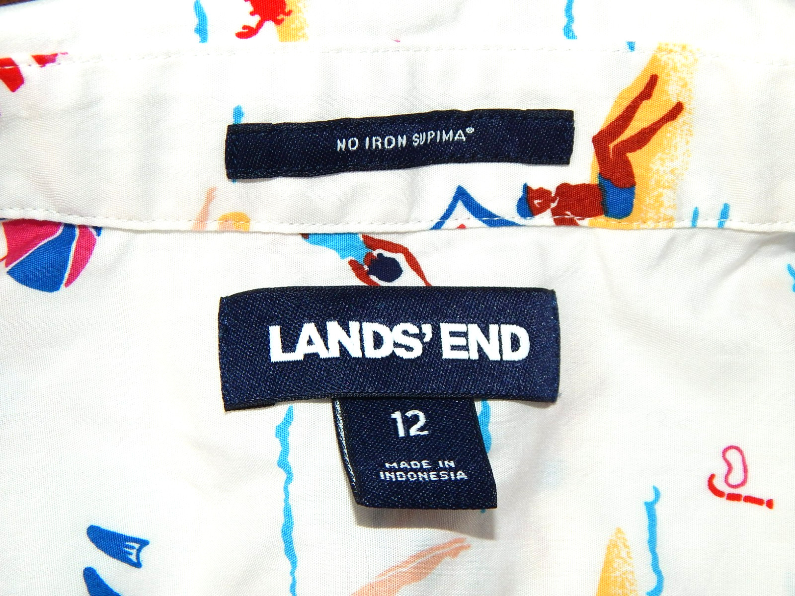 LANDS END NO IRON SUPIMA cute beach scene sleeveless button up shirt WOMENS 12
