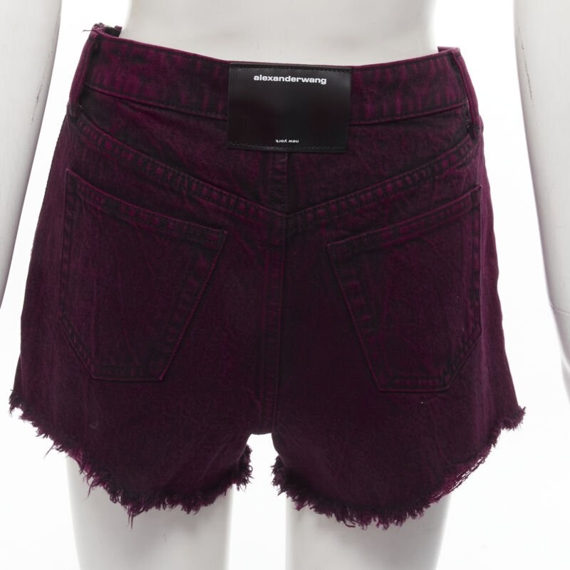 ALEXANDER WANG Bite berry red black washed side zip frayed denim shorts 25″