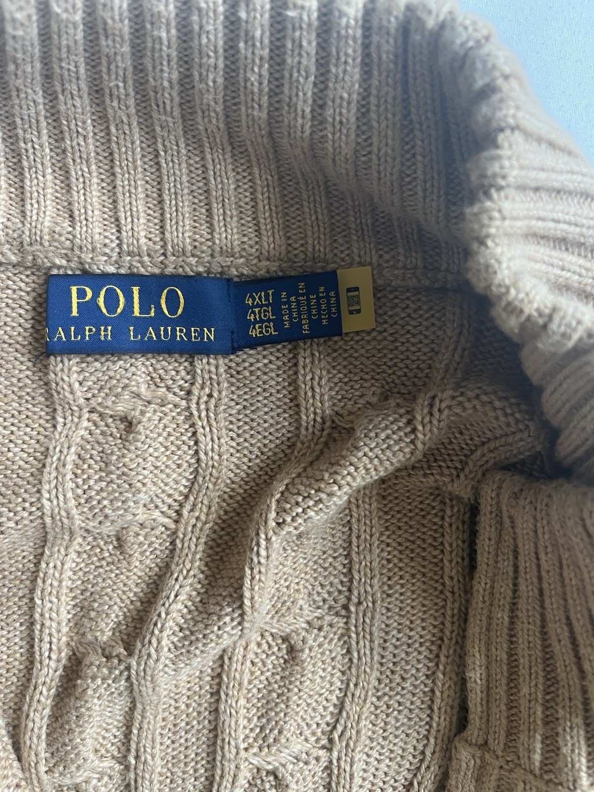 Polo Ralph Lauren Cable Knit Sweater Mens 3XLT Tall Biege 1/4 Quarter Zip Preppy