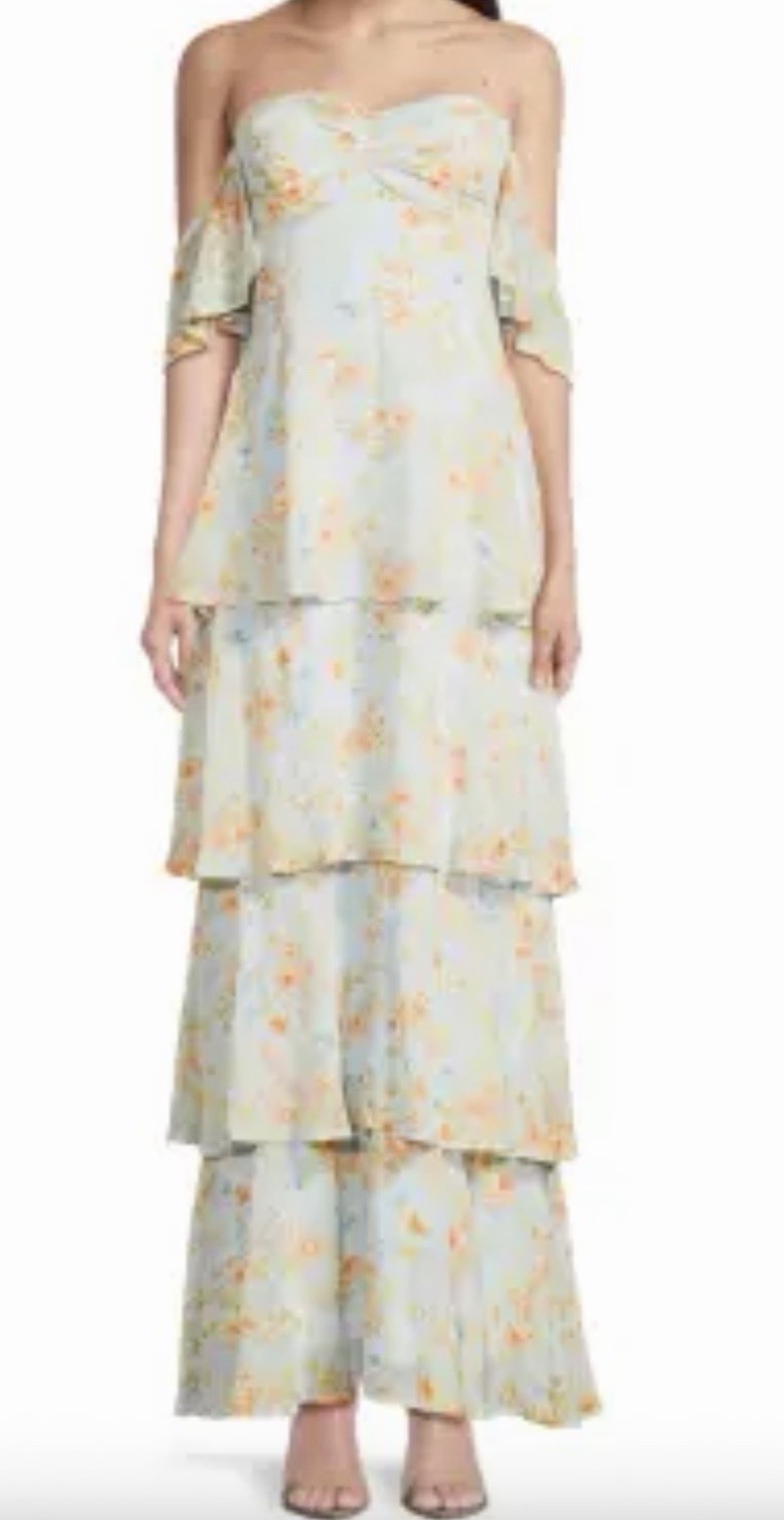 Women’s M Light Green Floral Off Shoulder Layered Ruffle Maxi Dress Short Sleeve
