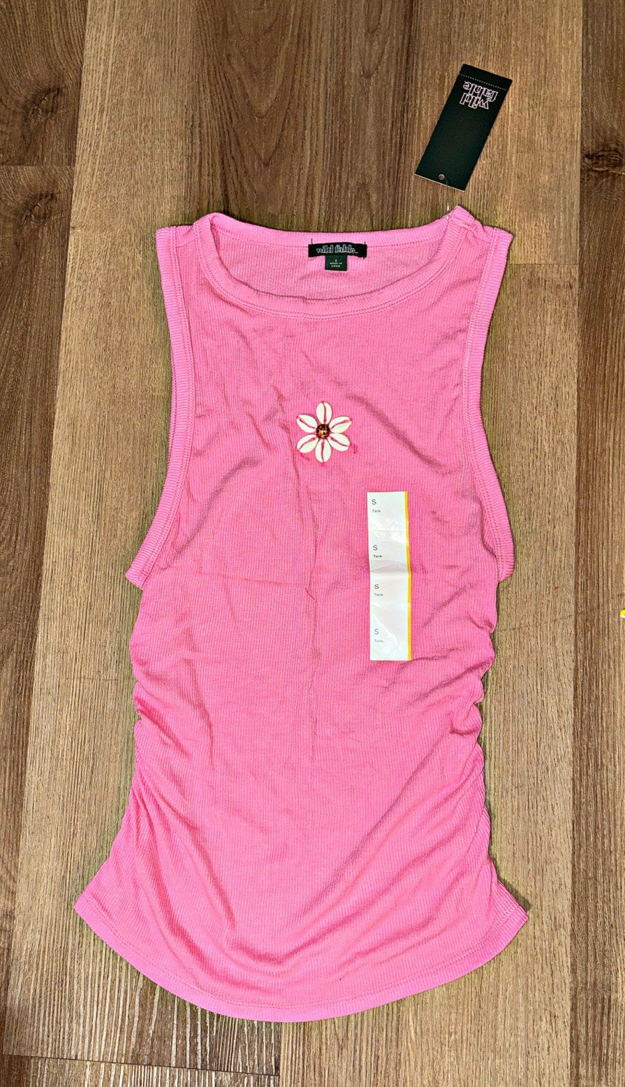 Wild Fable Pink Ruched Knit Tank Top Slim Fit Scoop Neck Flower Size S
