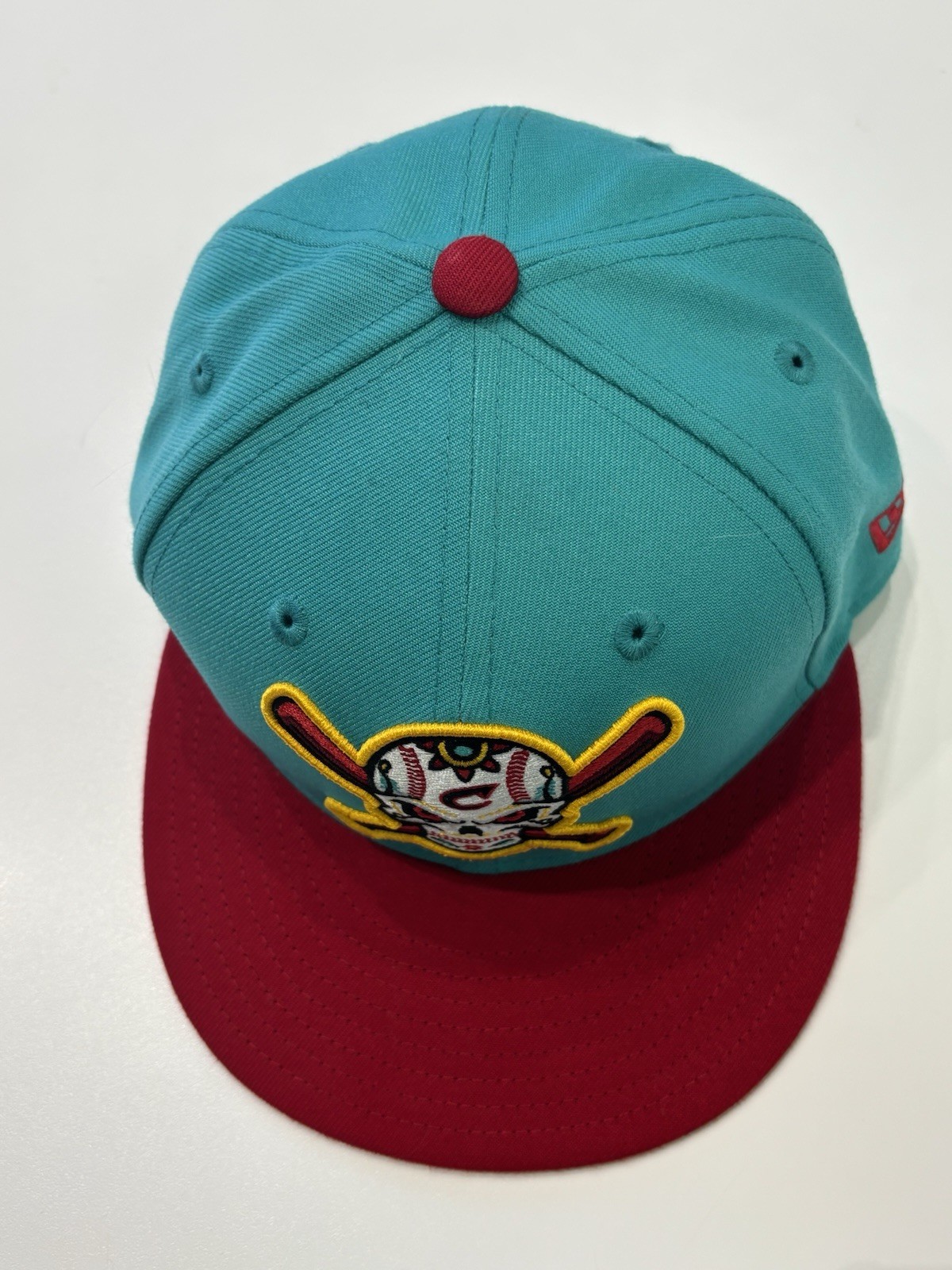 MILB New Era Teal/Red Fitted Baseball Cap Hat, Skull Graphic, Men’s Size 7