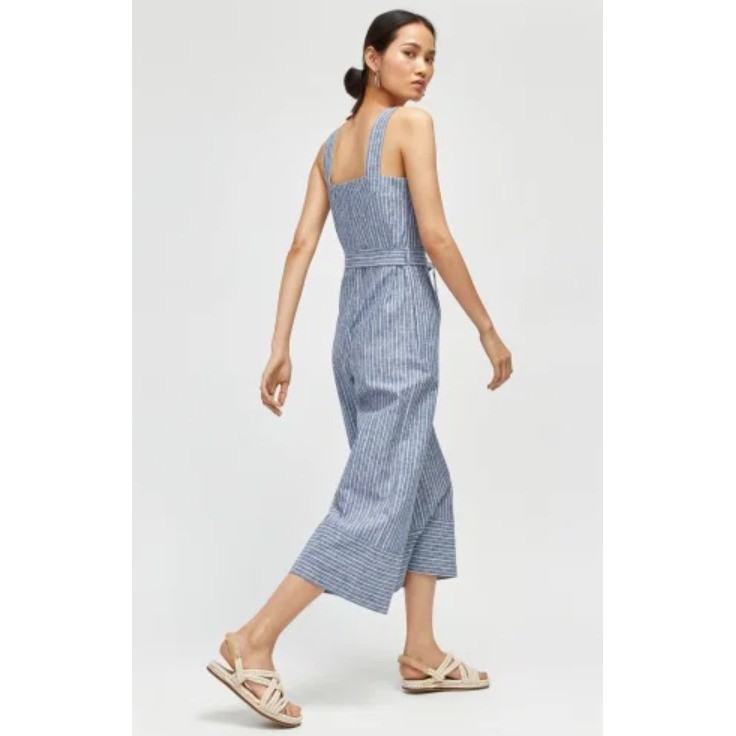 Warehouse Blue White Striped Linen Cotton Wide Leg Jumpsuit Button Front Sz US 2