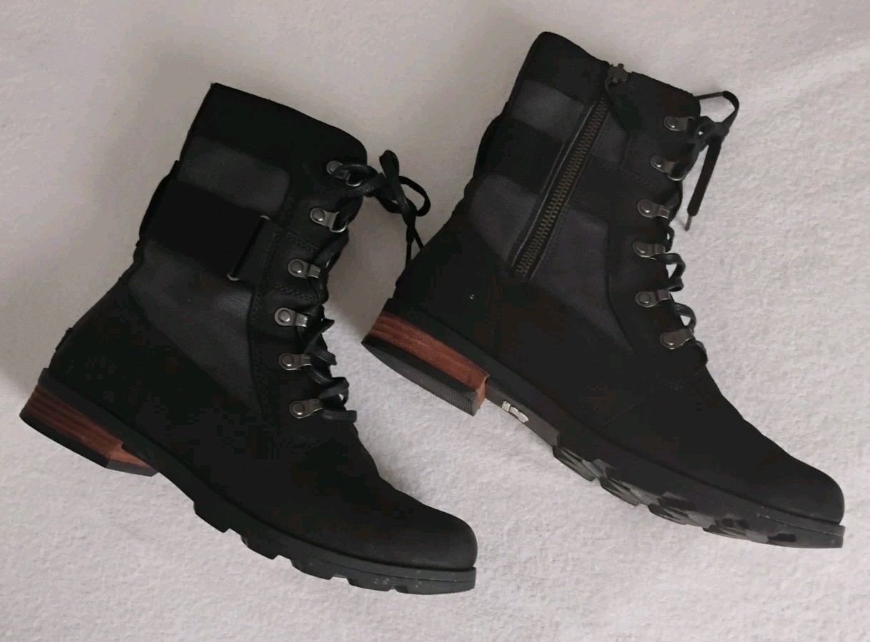 Sorel Emelie Conquest Boots Women’s Black Waterproof Lace Up Combat Lug Moto 9.5