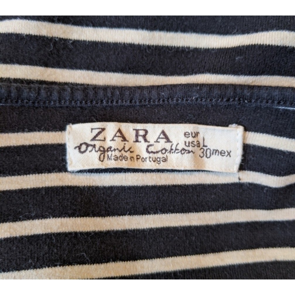 Vintage Zara Womens Organic Cotton Striped Boat Neck 3/4 Sleeve,Black Cream Lg