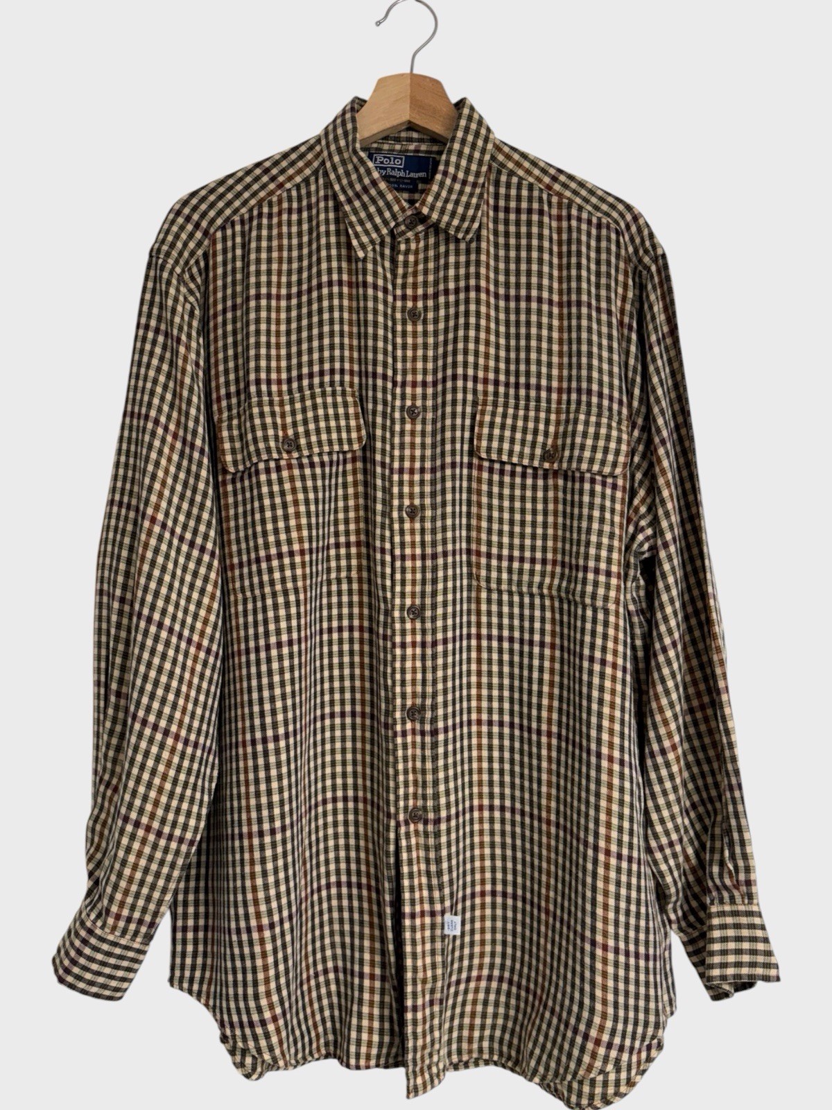 Vintage Polo Ralph Lauren Shirt 90s Long Sleeve Mens Medium Check 100% Rayon