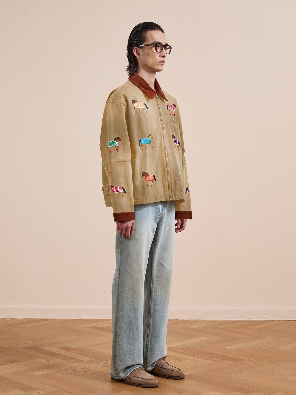 FOUND Women’s S Beige/Brown Horse Embroidered Zip Jacket, Pockets, Short