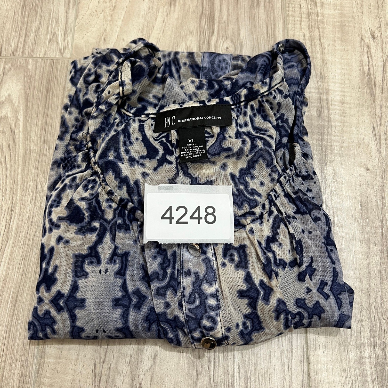 INC International Concepts Mesh Blouse XL Blue Gray Damask Paisley 3/4 Sleeve