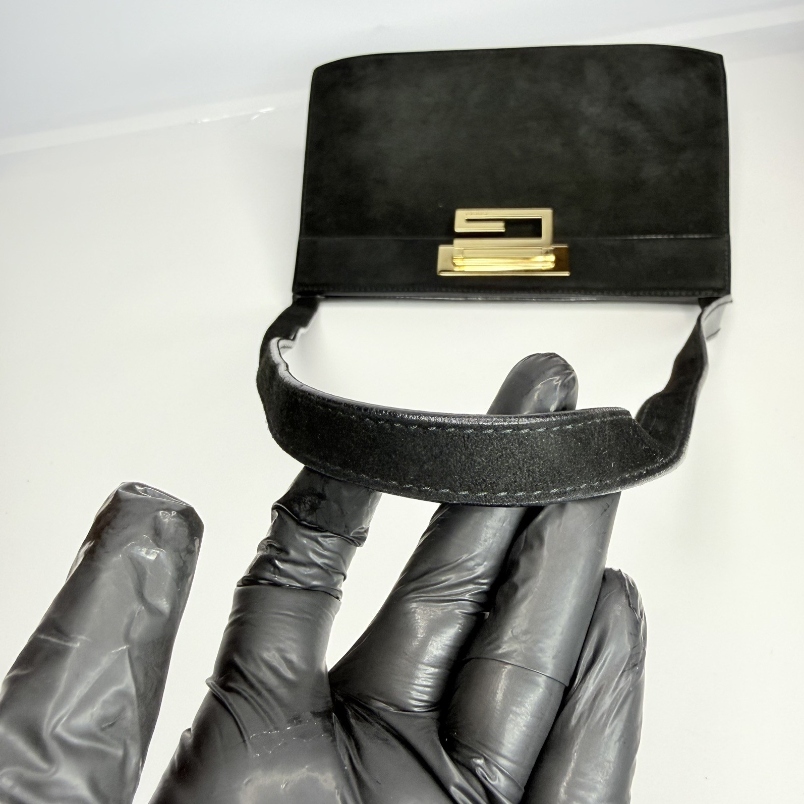 GUCCI Vintage G Square Logo Shoulder Bag Handbag Black Gold Suede Leather