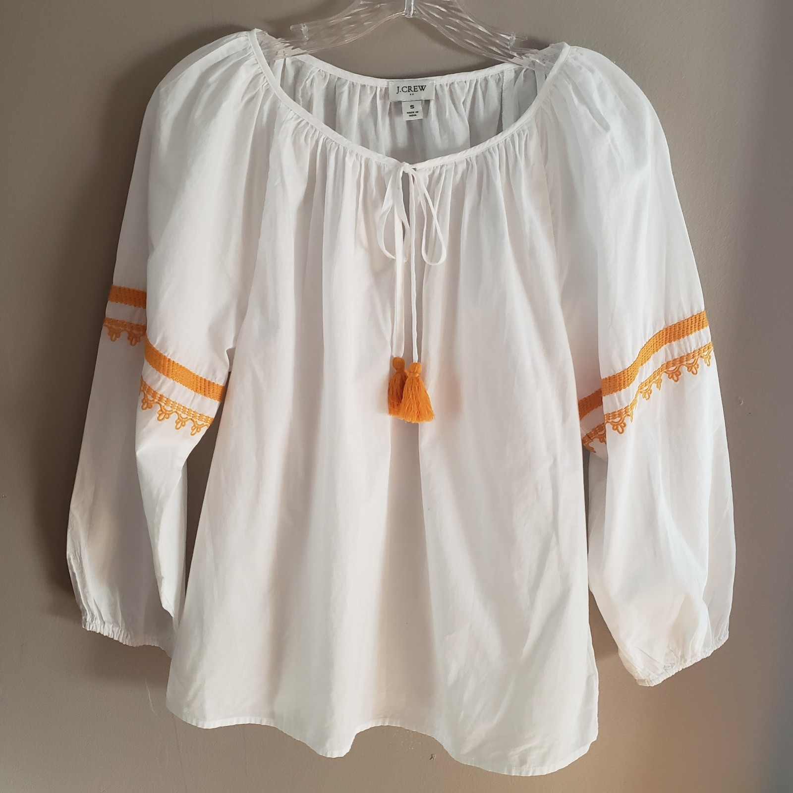 J.Crew Peasant Blouse White Embroidered Tassel Tie Boho Cotton Women’s Small
