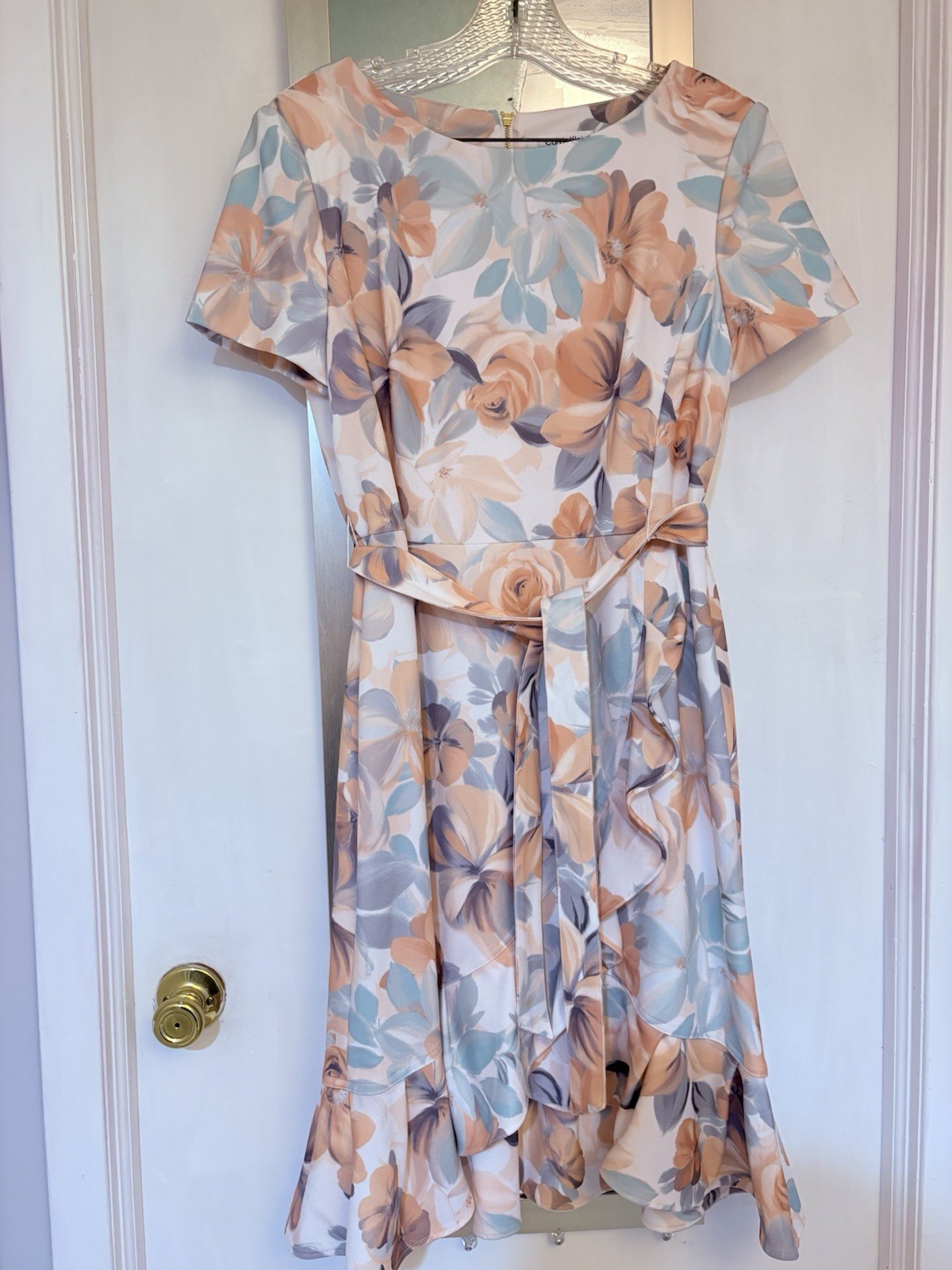 Calvin Klein Women’s Floral Fit & Flare Knee Dress Size 14 Short Sleeve Belted