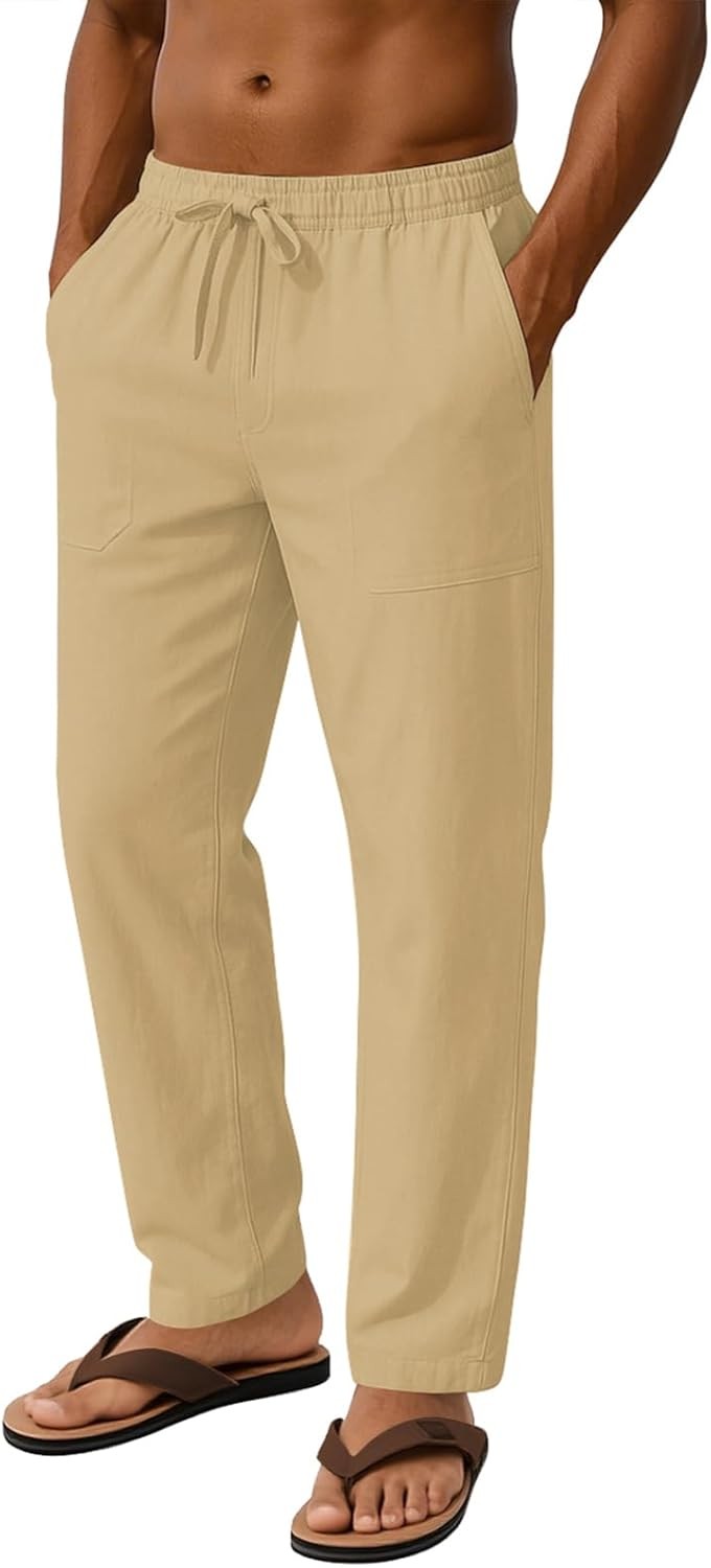 Mens Linen Casual Pants Loose Fit Drawstring Waist Lightweight Summer Beach Yoga