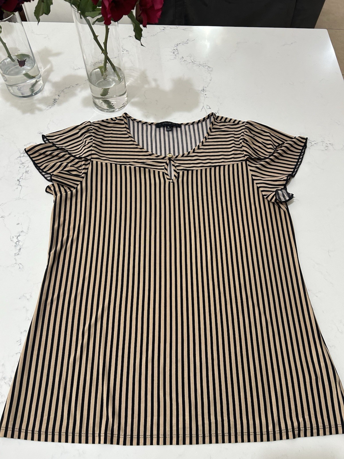 Atelier 29 Women’s Striped Top Size XL Brown Black Keyhole Neck Flutter Sleeve