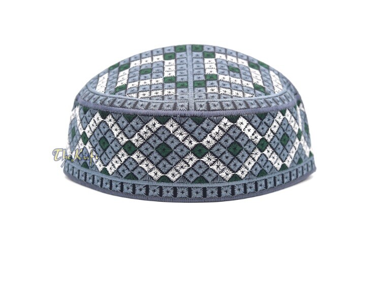 White Gray and Green Embroidered Diamond Design Semi-rigid Pakistani-style Kufi