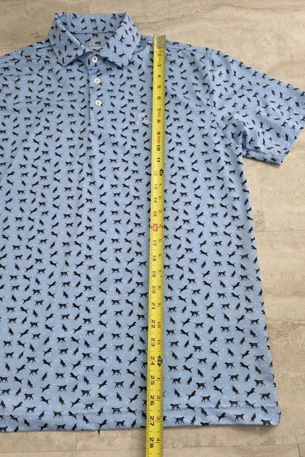 Rhoback Men’s Golf Polo Size Medium Blue All Over Dog Print Stretch Performance