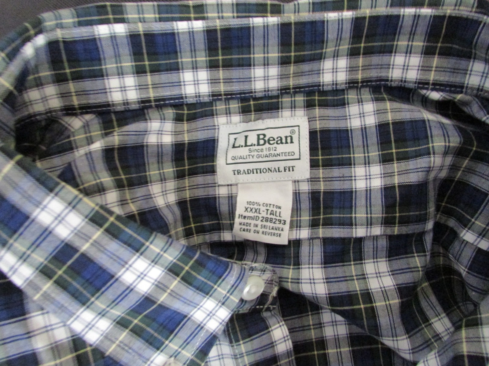 LL Bean Shirt Long Sleeve Men’s 3XLT Tall Blue Green White Plaid Pattern NWOT