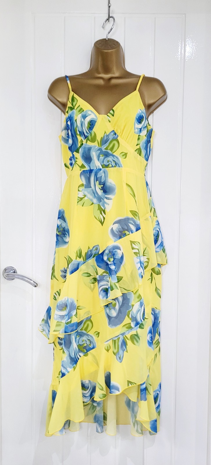 Quiz size 8 yellow blue floral chiffon flippy frill summer Midi dress holiday