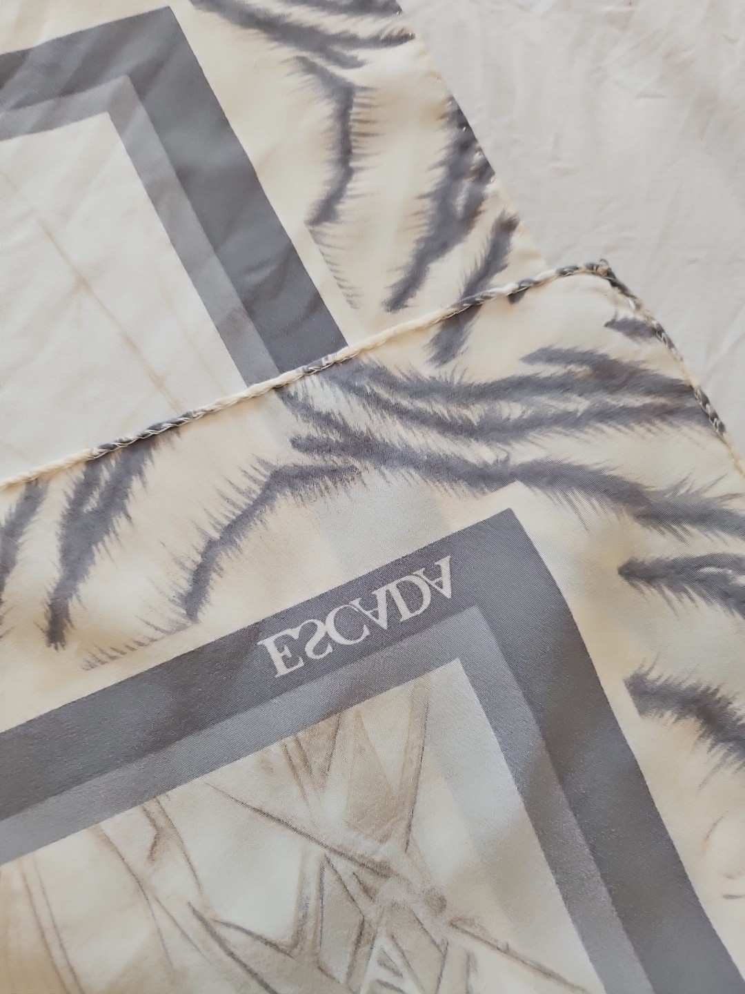 Escada 35 In Square Silk Scarf Beige Gray Animal Print