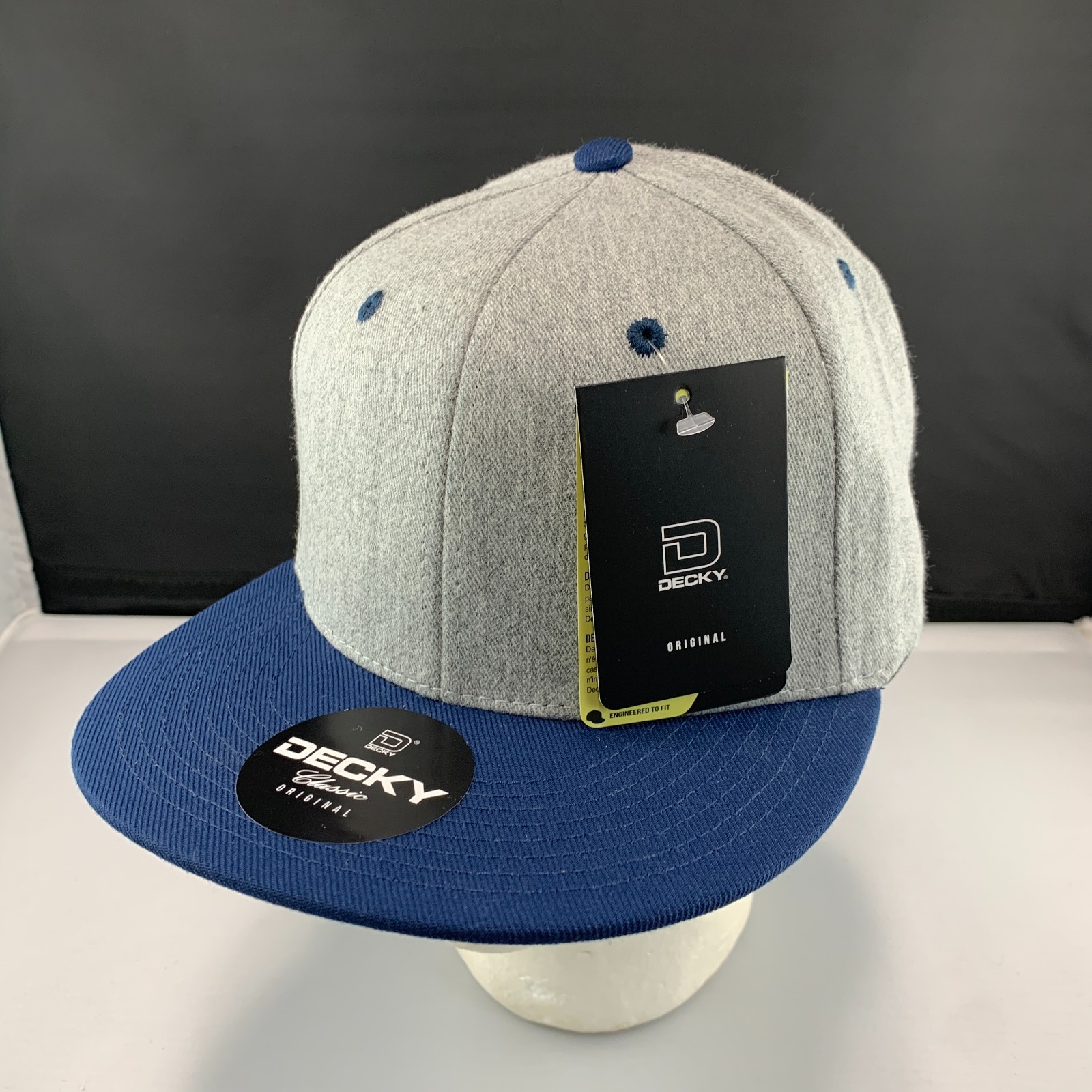 New Decky 6020 Snapback Hat Blank Flat Bill High Profile Cap Heather Gray Navy