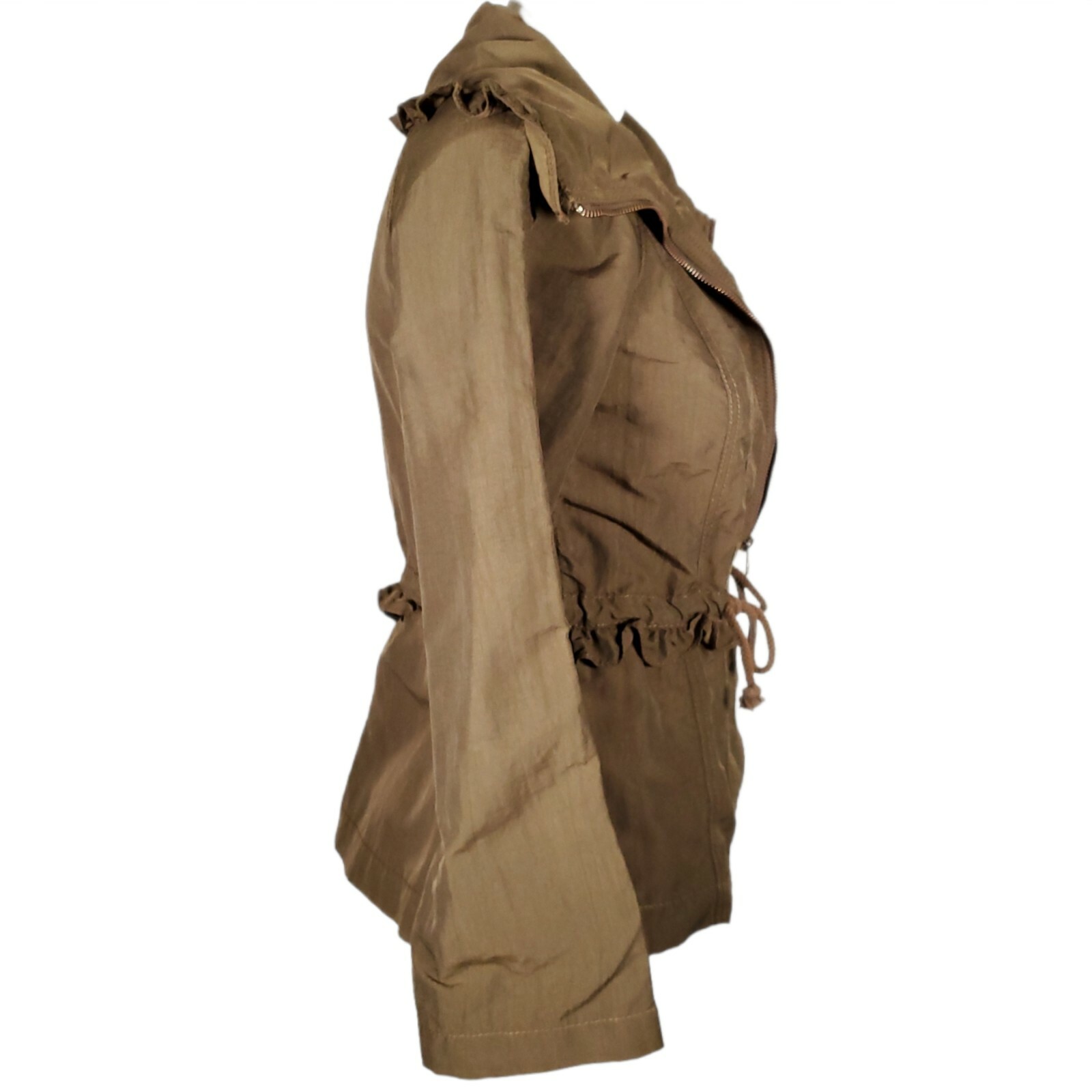 LOFT Bomber Jacket Coat Olive Green Army Ruffle Cinched Adjustable Wasit