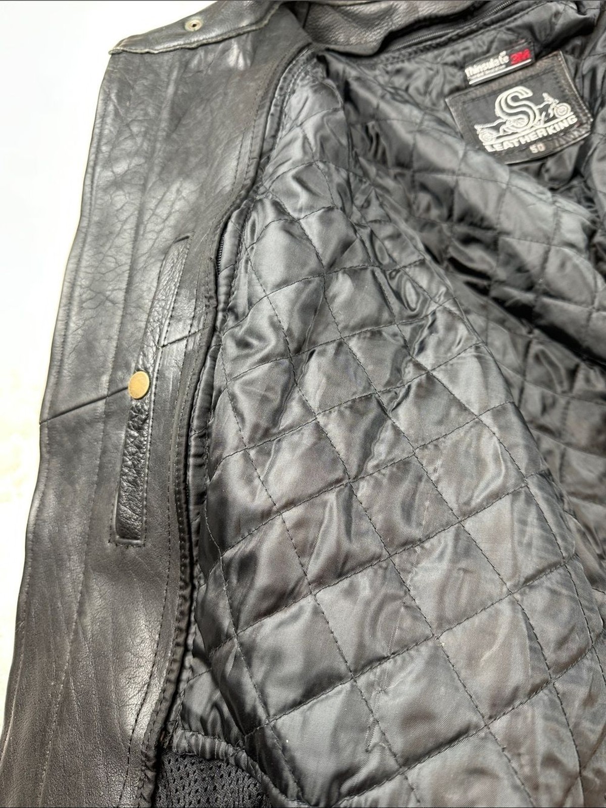 Leather King Mens 50 Black Leather Motorcycle Jacket Thinsulate Lined XXL |Biker