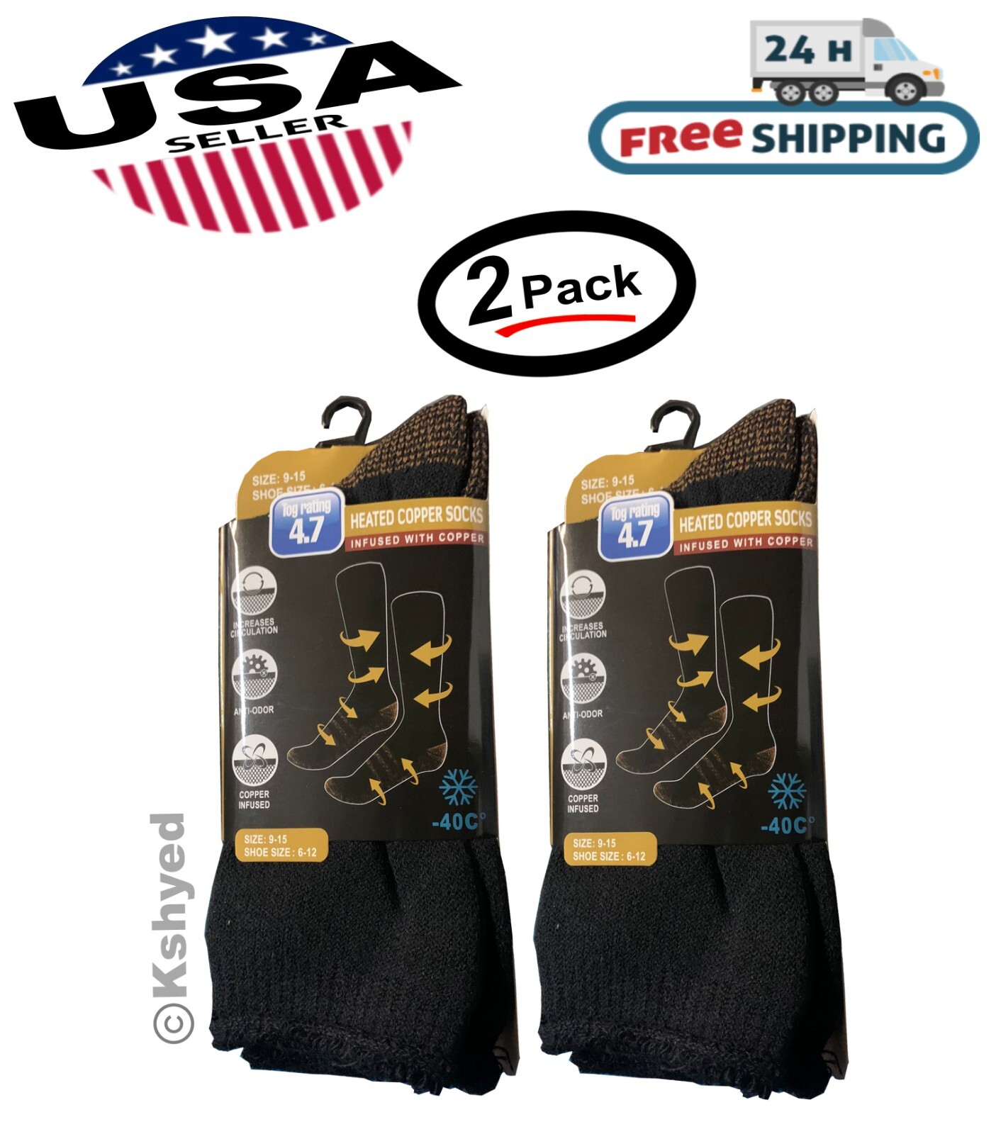 Goldstar Heated Copper Socks Black Athletic Size: 9-15 Tog Rating 4.7 (2 Pack)