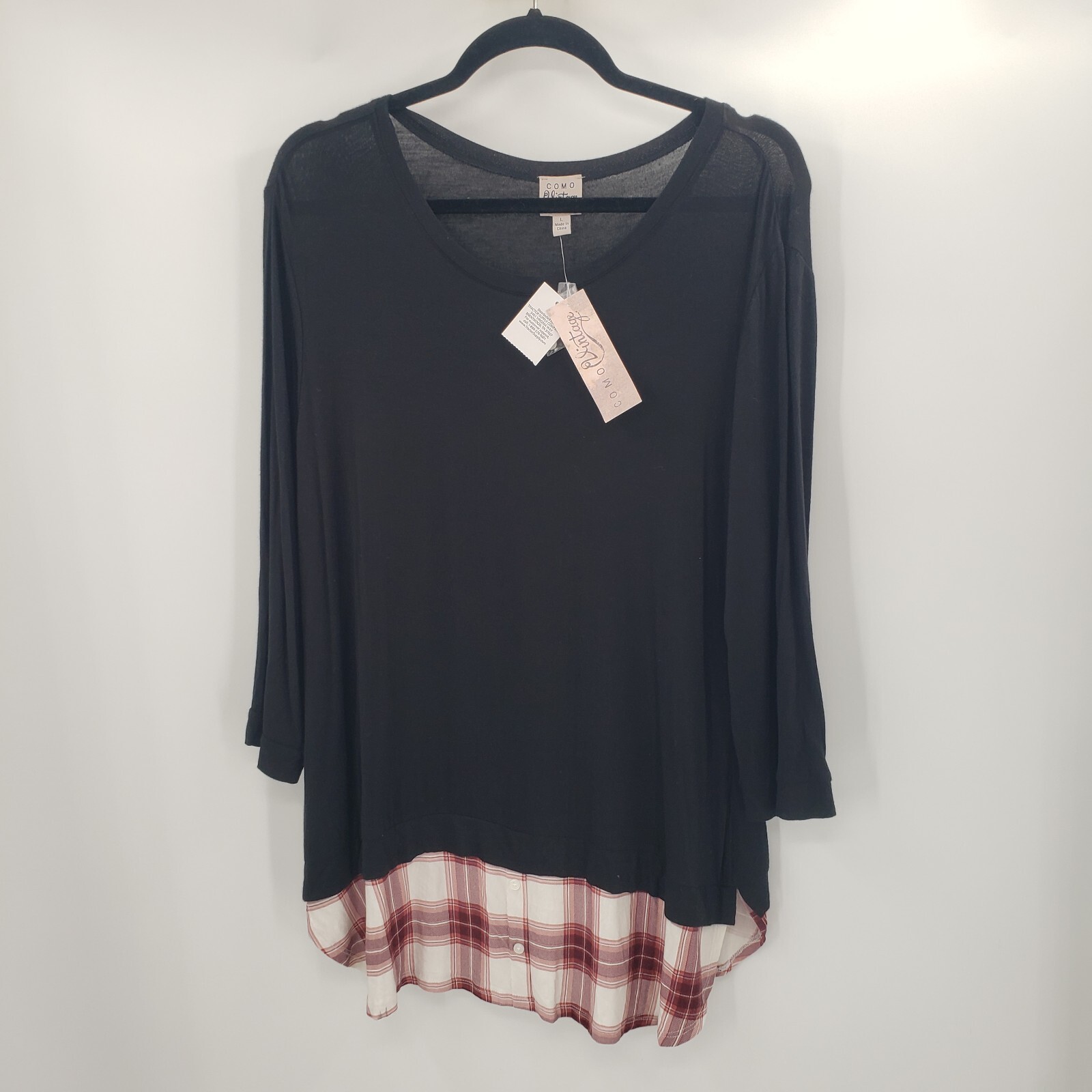 Como Vintage Knit Top Womens LARGE Black Plaid Shirt Tail Hem 3/4 Sleeve Shirt