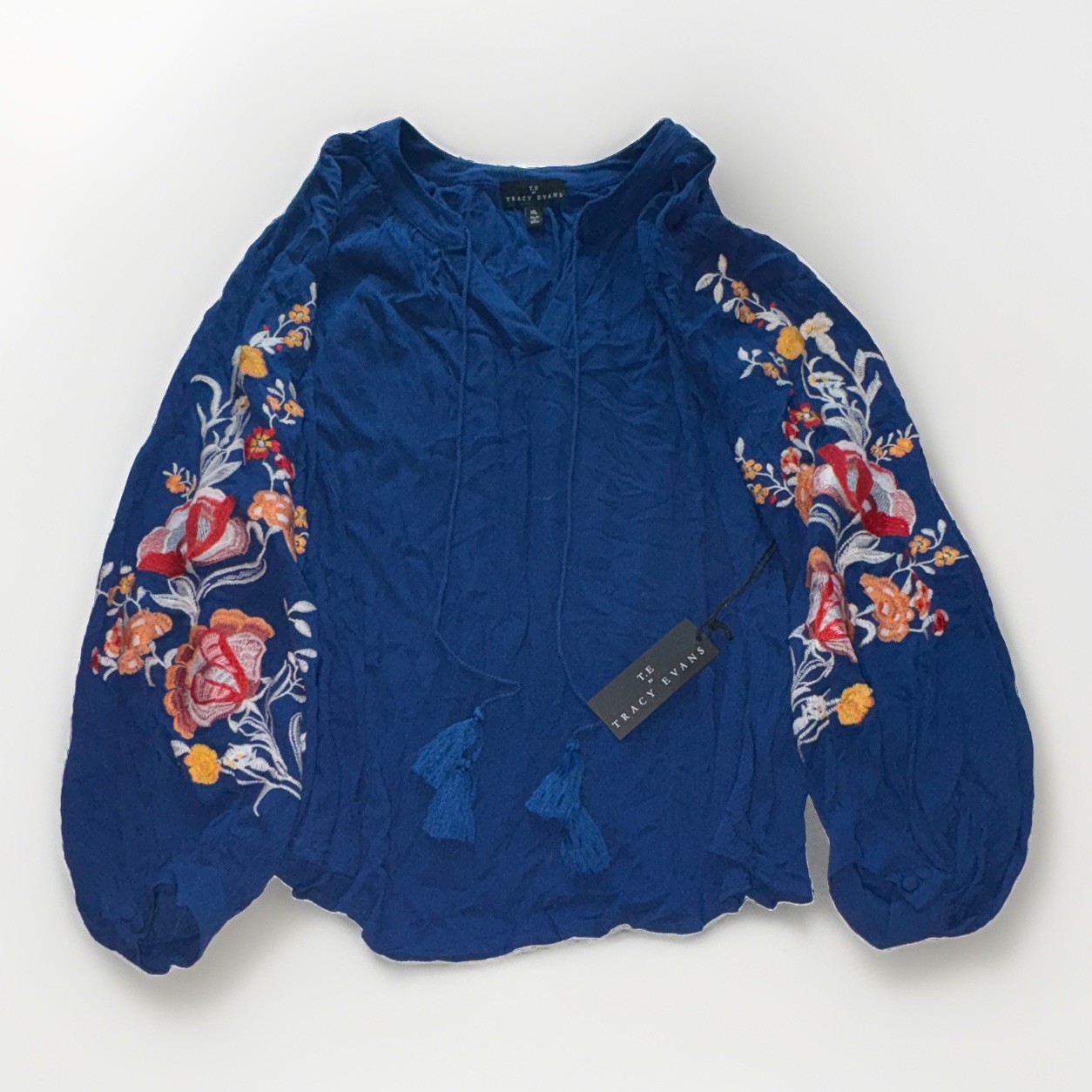 Ralph Lauren Blue Floral Embroidered Woven V-Neck Peasant Tassel Blouse