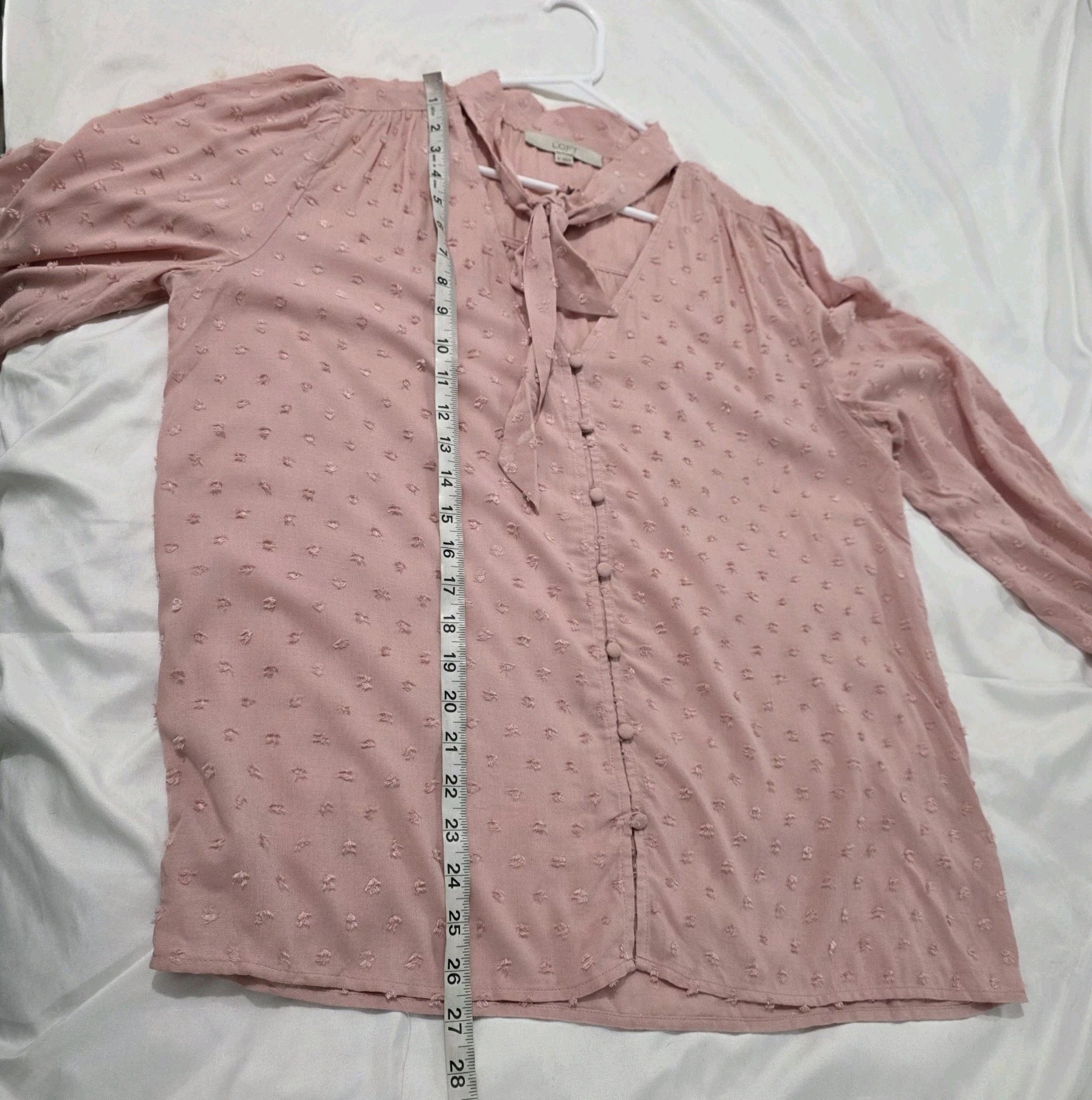 Loft Womens Top Size Medium Pink Button Up Peasant Boho Swiss Dot Scarf Neck
