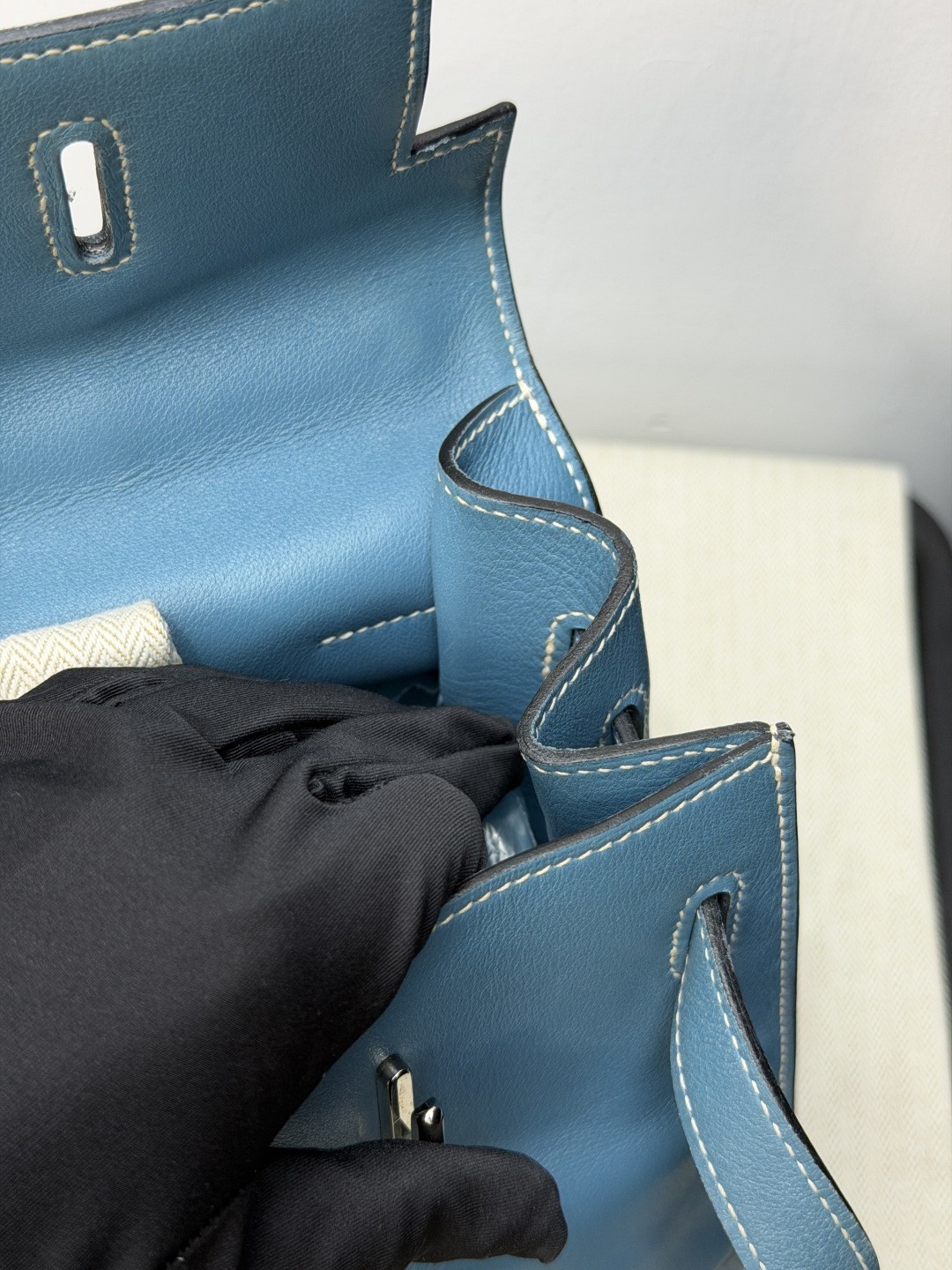 Authentic Hermes Kelly Flat35 Tote Blue 2Way Handbag Crossbody Silver Hardware