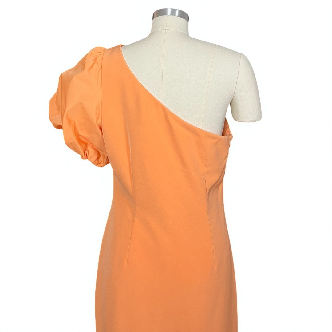 Ralph Lauren Annona One Shoulder Orange Puff Sleeve Midi Cocktail Dress 10