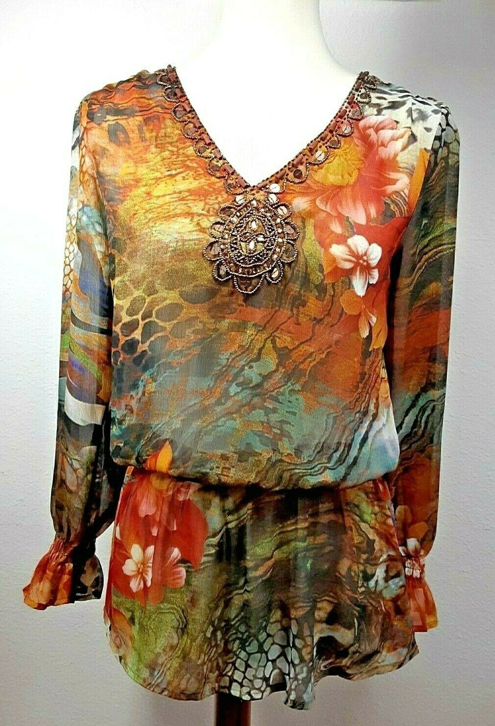 Mushka Sienna Rose Womens Small Embellished Peasant Semi Sheer Chiffon Long Top