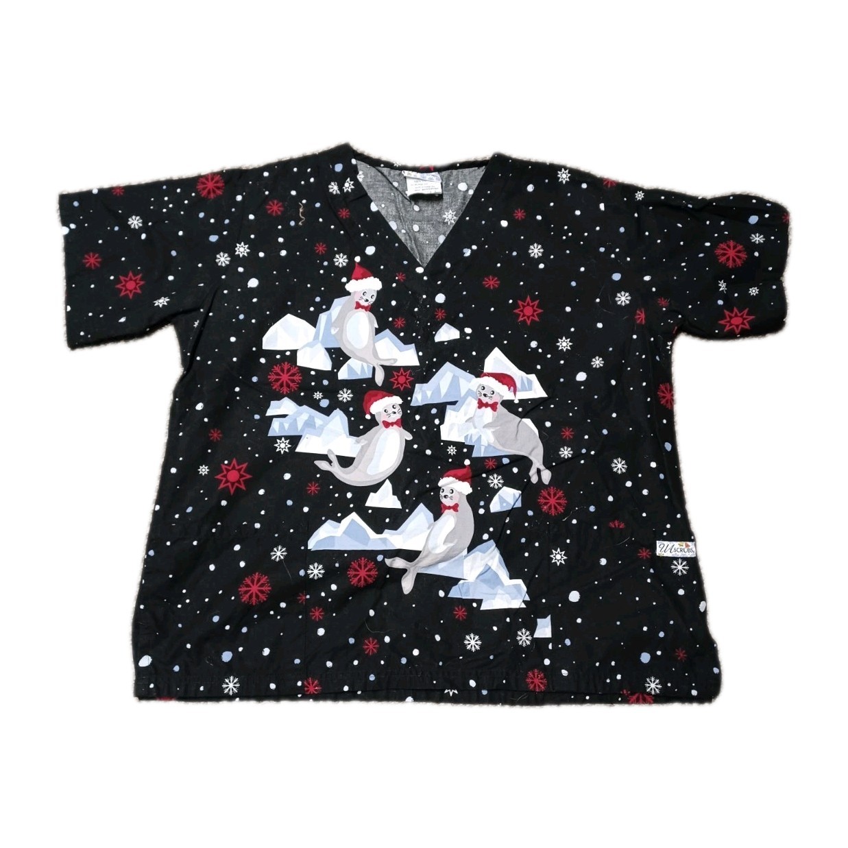 UA Scrubs Top Women’s Large Christmas Seals Short Sleeve V Neck Black