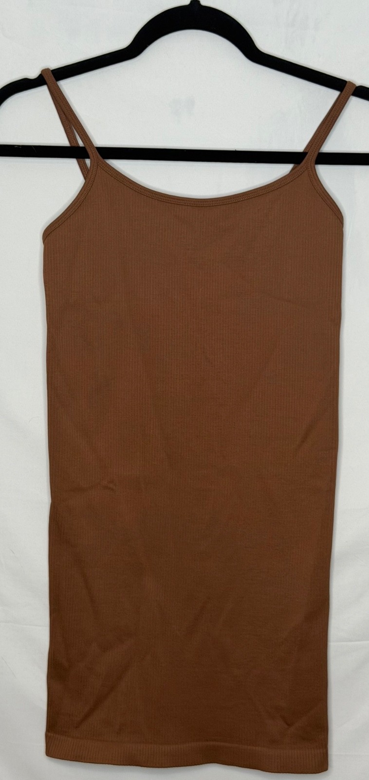 Brown Ribbed Seamless Bodycon Mini Dress Adjustable Strap Stretch Size S