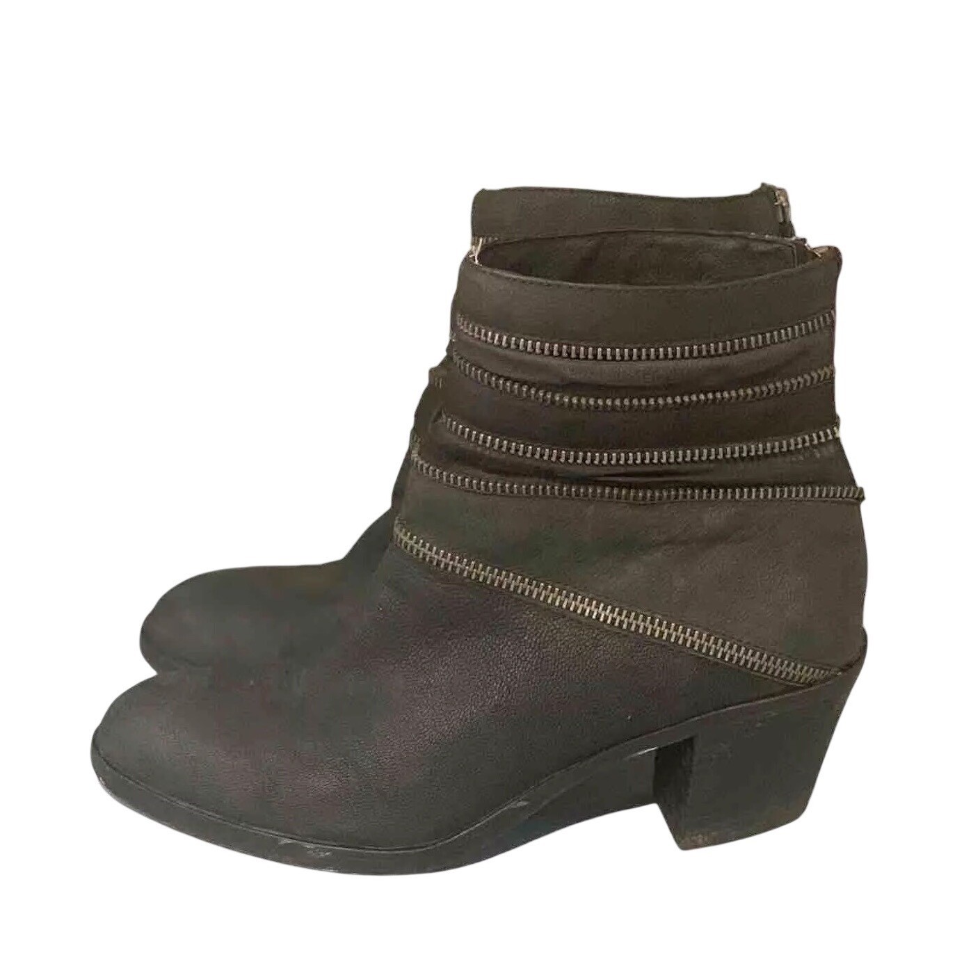 Eileen Fisher Ankle Boots Womens 8.5 Brown Leather Multi Zipper Moto Block Heel