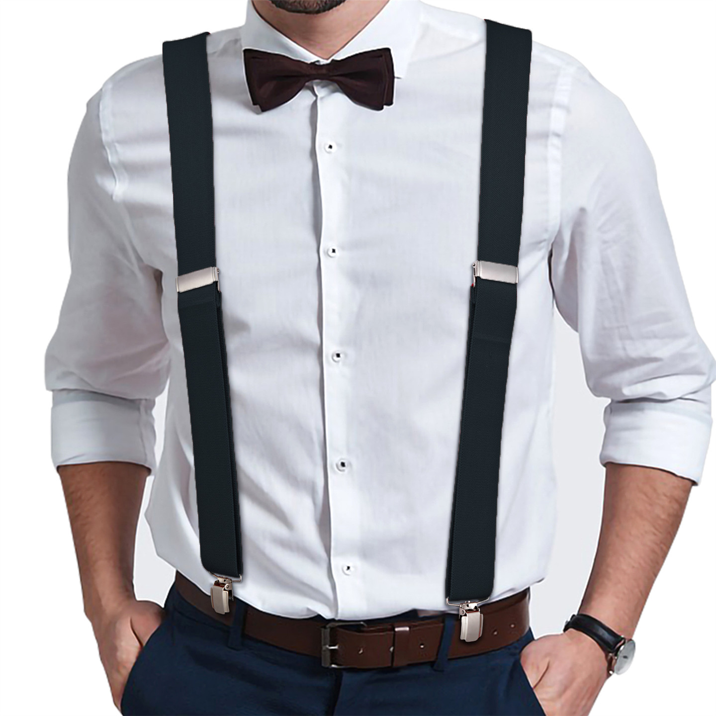 Buyless Fashion Suspenders Mens – 48″ Elastic Adjustable Straps 1 1/4″ – X Shape