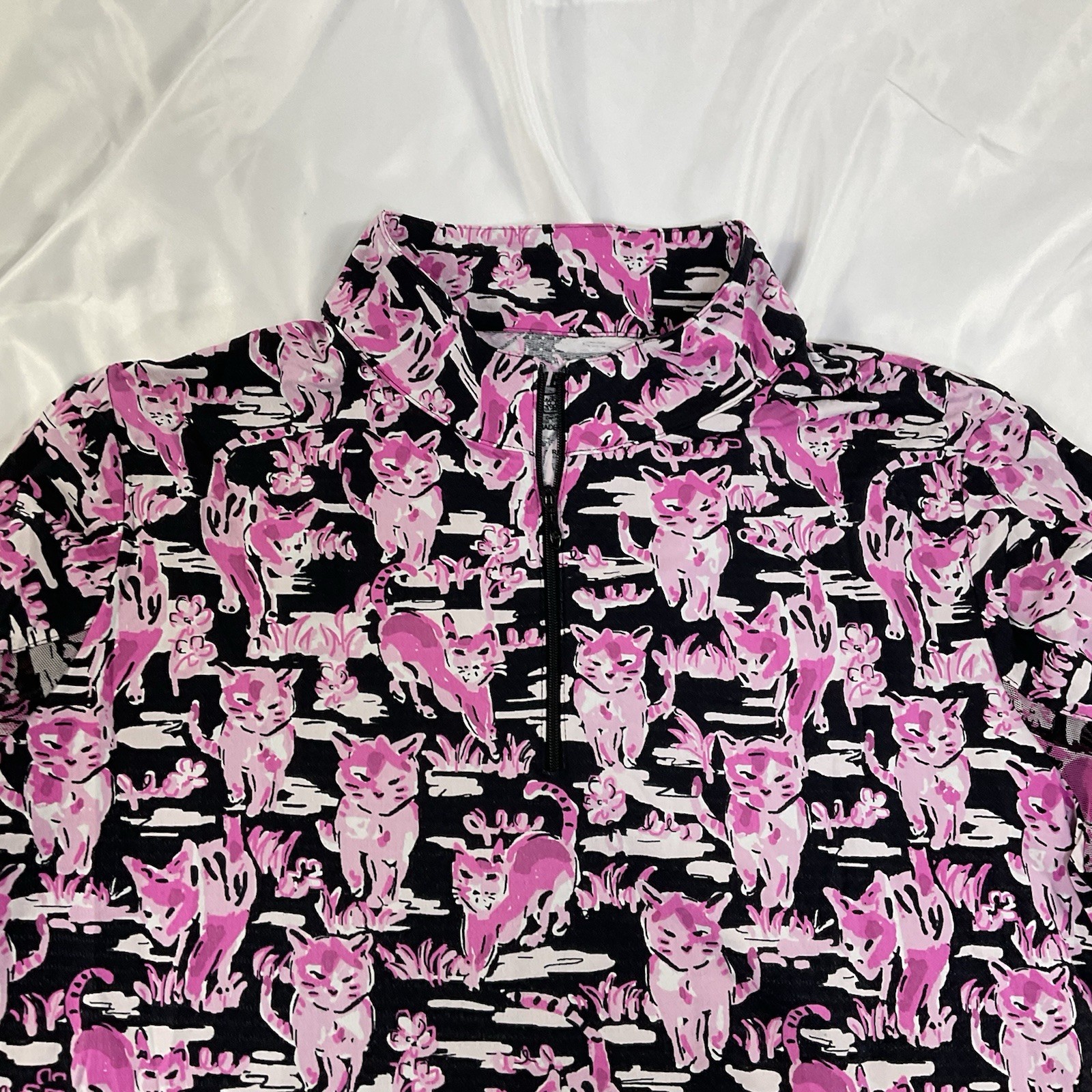 IBKUL Top Size XL Long Sleeve Zip Top UPF 50 Sammy Kitty Cat Black Pink Golf 312