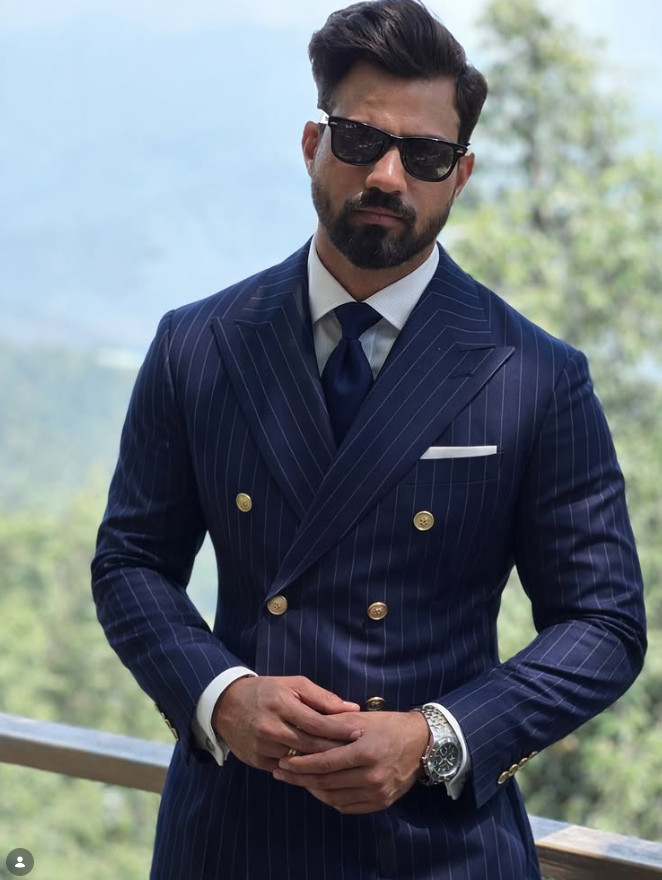 Striped Wide Peak Lapel Men’s Suits Double Breasted 2Pcs Double Breasted Coat