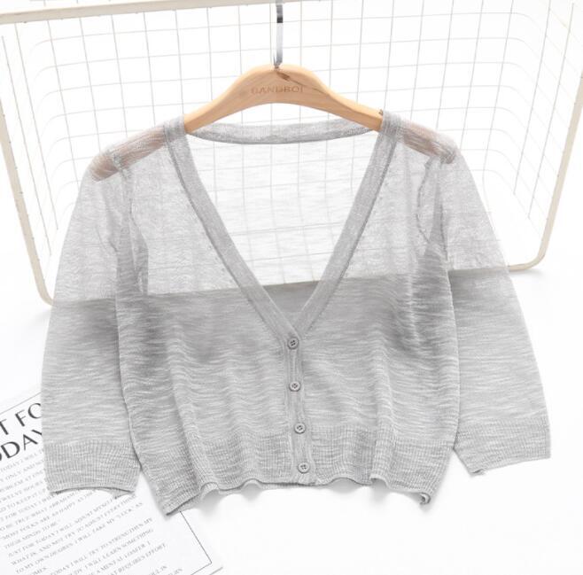 Women Sweater Shrug Crop Top Coat 3/4 Sleeve Knit Cardigan Button Down Sheer