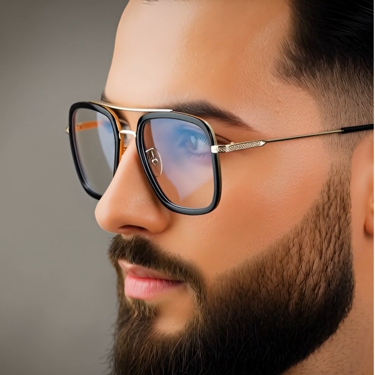 Square Glasses Men’s Black Gold Frame Clear Lens Eyeglasses Retro Style Trendy