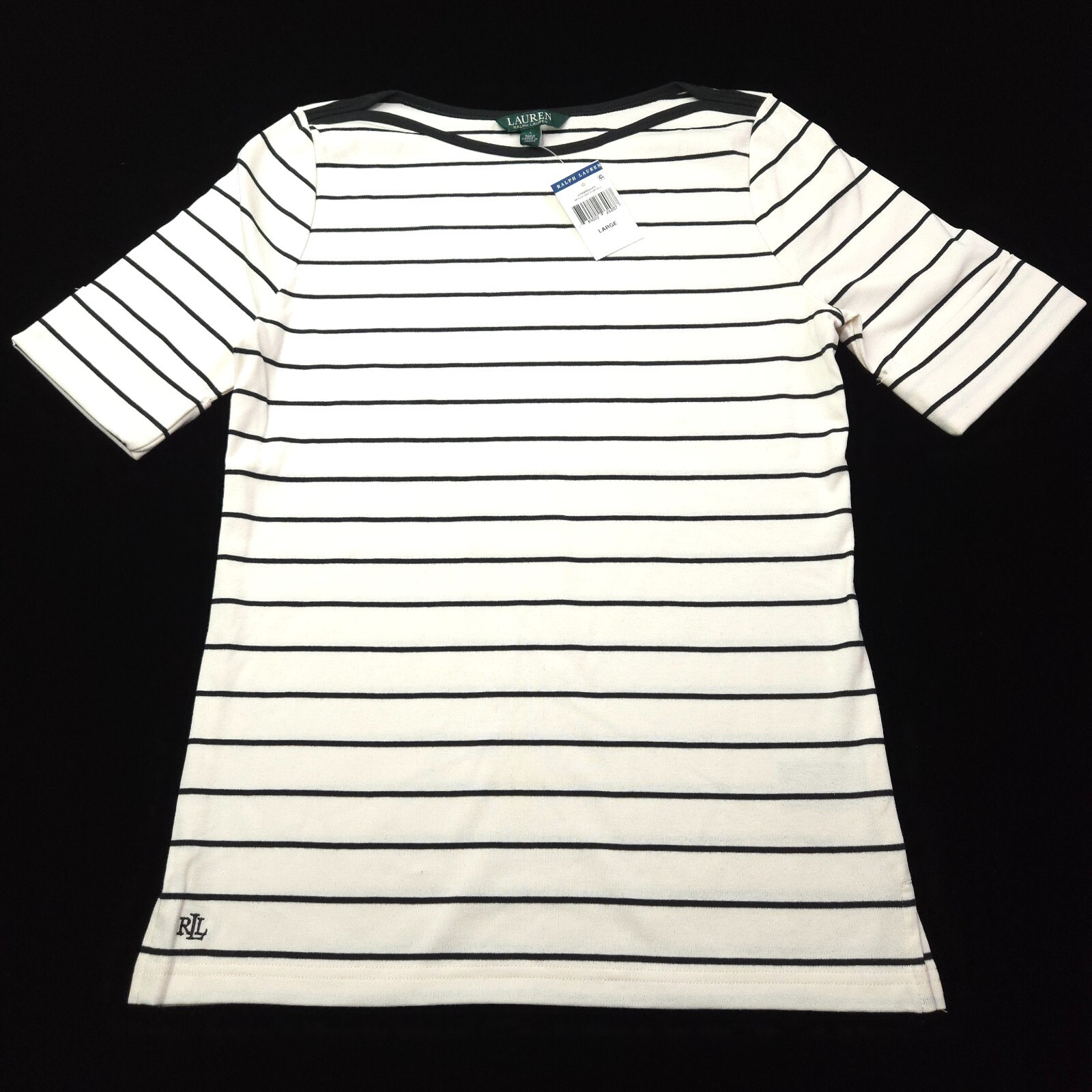 RALPH LAUREN WOMENS T-SHIRT L CREAM WHITE BLACK COTTON STRETCH SWEATER WARM BOAT