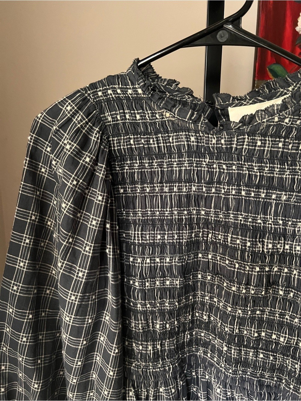 THE GREAT. Smocked Plaid Long-Sleeve Peplum Top