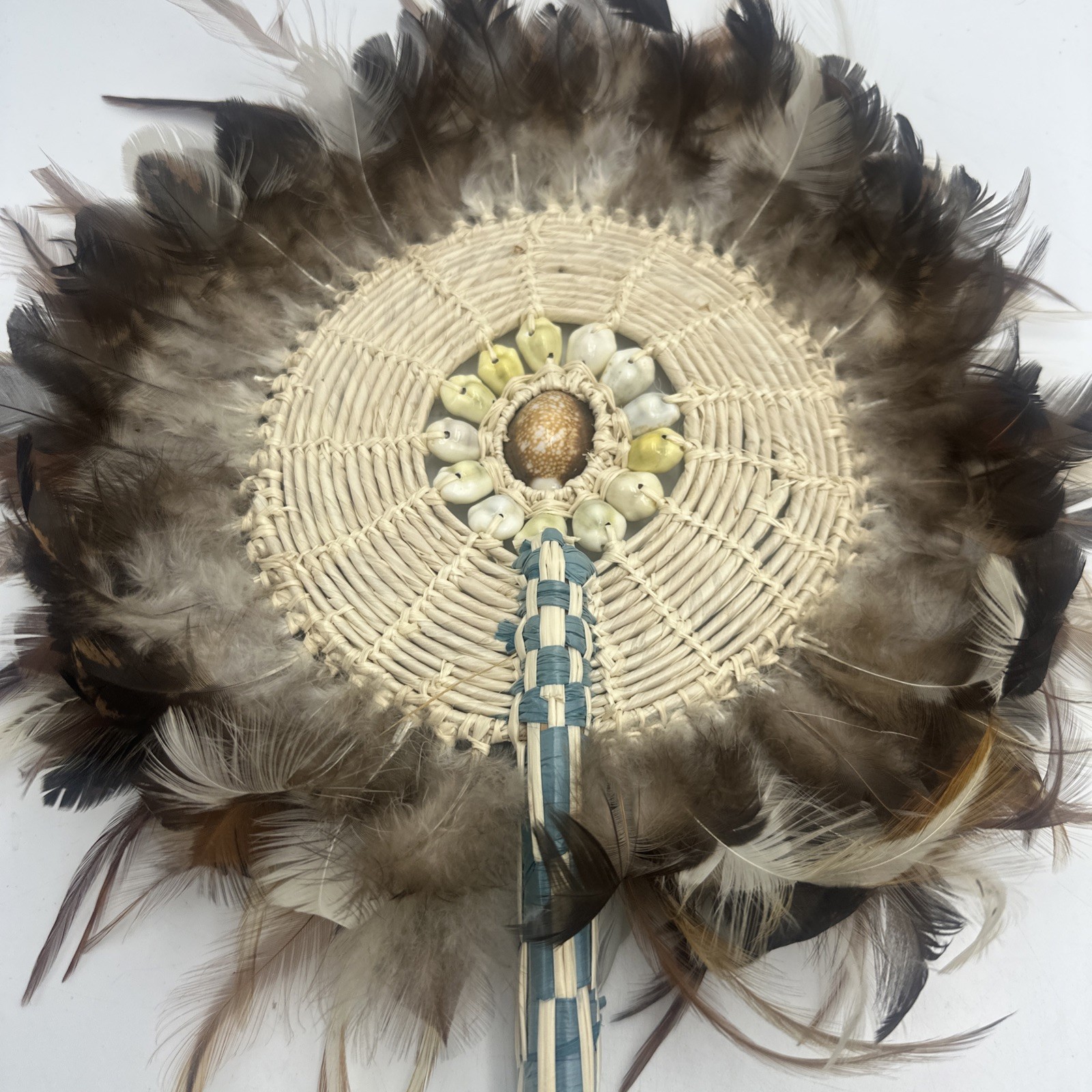 Vintage Marshall Islands Fixed Hand Fan Shells Brown Feathers Palm Fronds