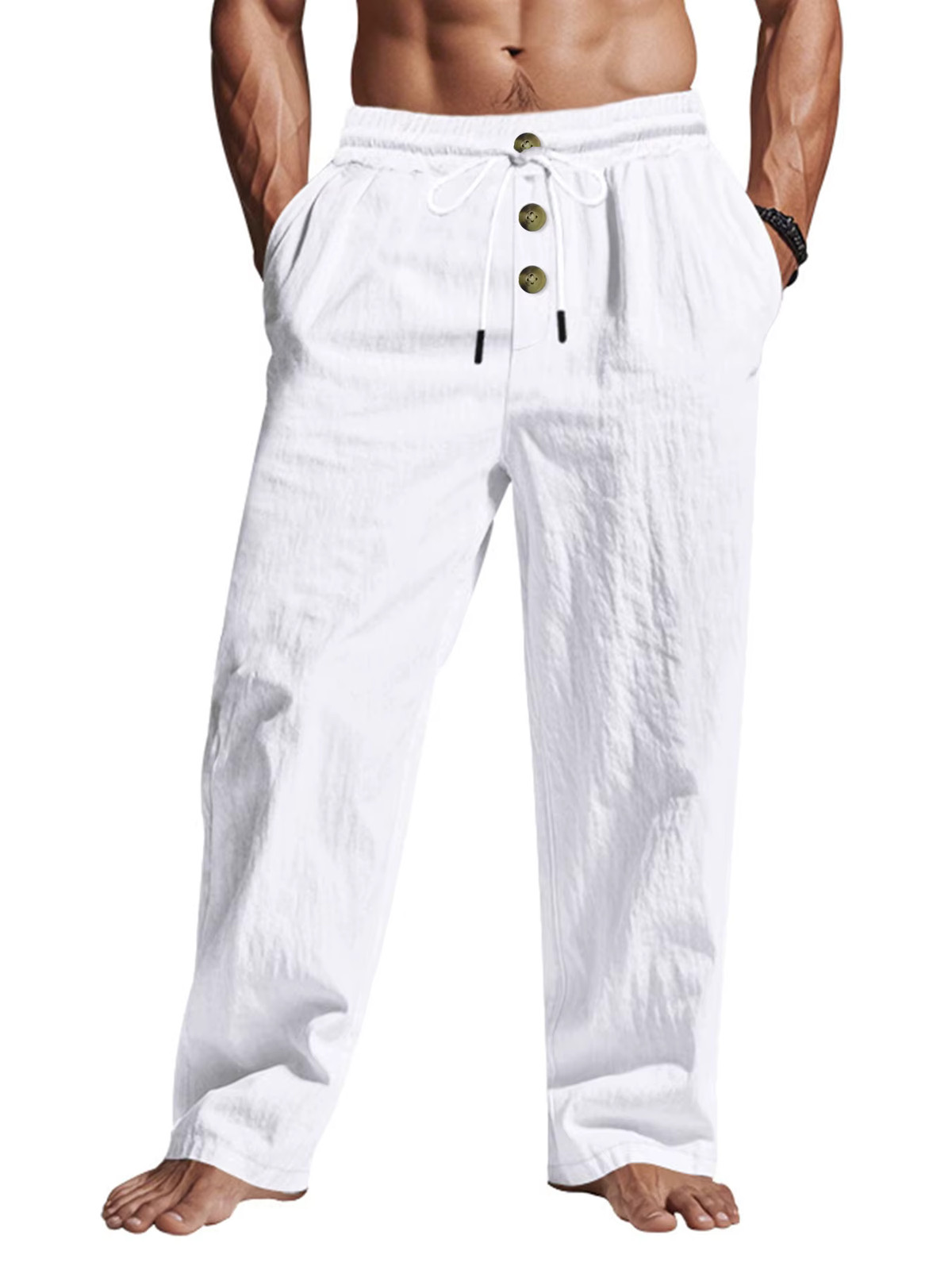 Men’s Casual Elastic Waist Summer Solid Beach Pants Straight Trousers Gift