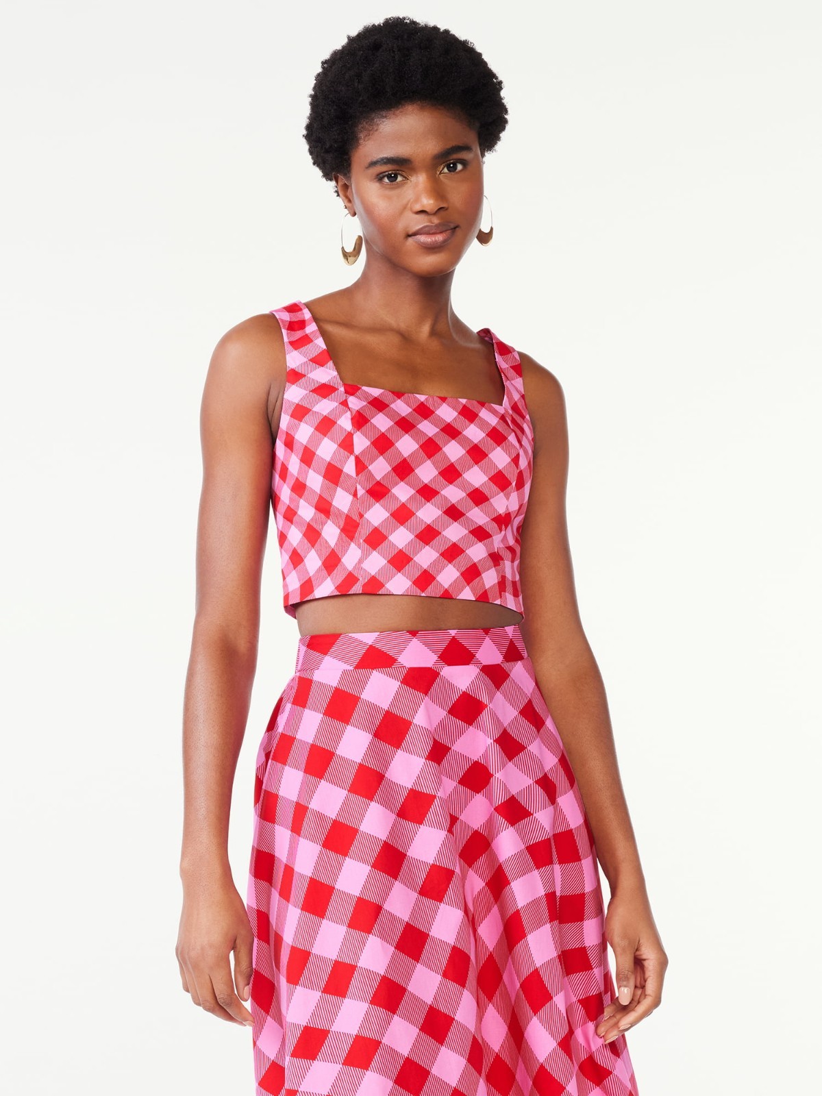 Scoop Womens Top Size L Salsa Small Wavy Gingham Square Neck Fitted Poplin Crop
