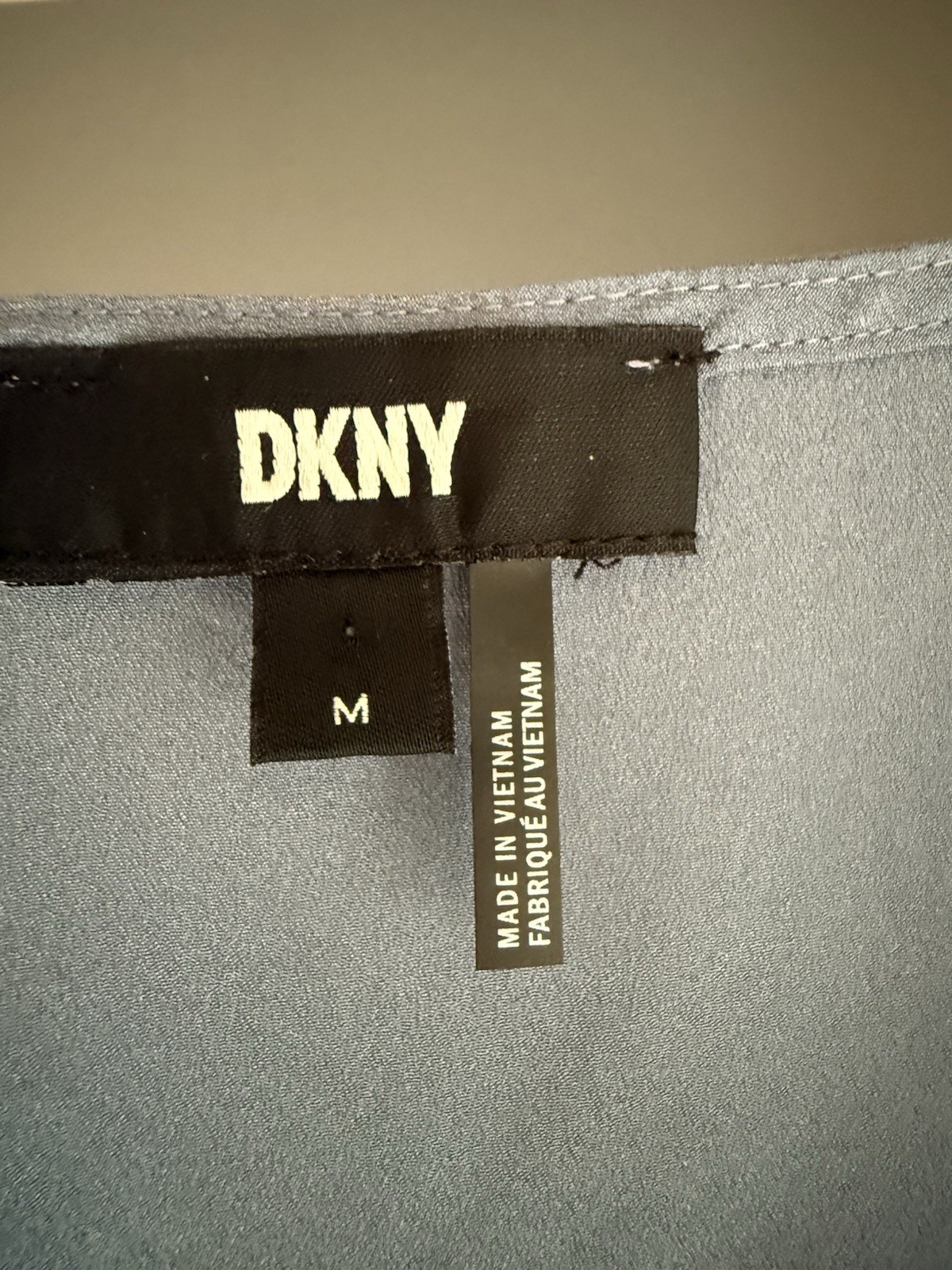 DKNY Blue-Gray Layered Chiffon Blouse | Satin Look V-Neck Top | Size M