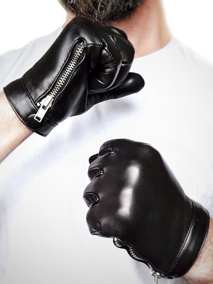 Men Side Open Zipper With Button Lambskin Real Leather Black Gloves